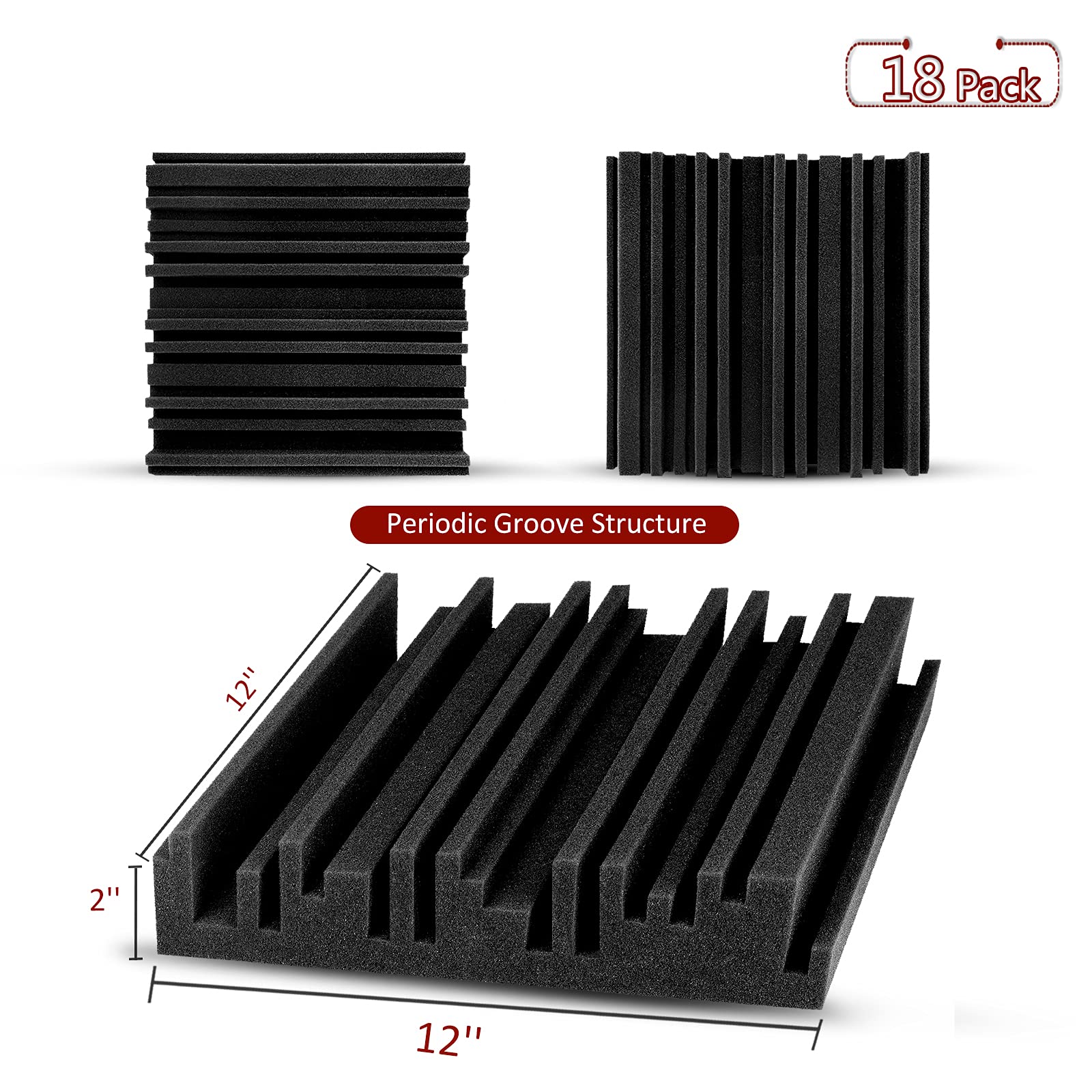 TroyStudio Acoustic Studio Absorption Foam Panel, 12 X 12 X 2 inches Pack of 18, Broadband Sound Absorber, Periodic Groove Struc